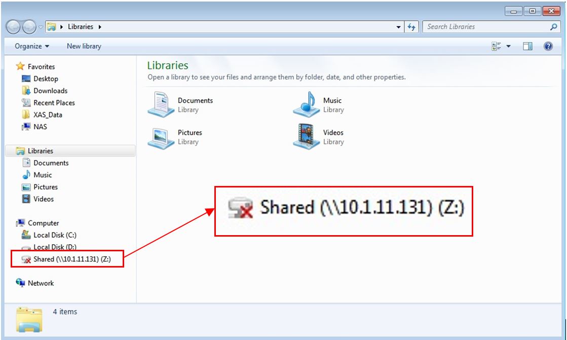 Screenshot: No NAS connection